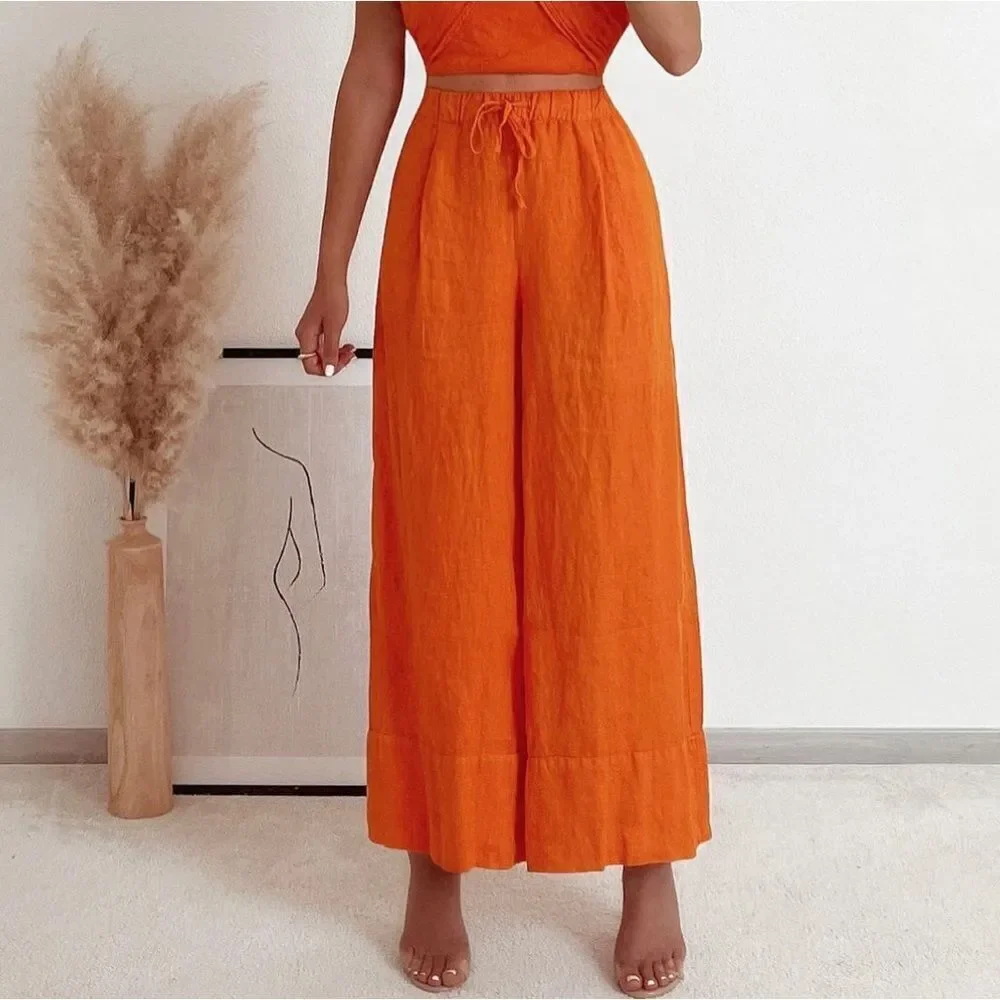 Zara Orange 100% Linen Palazzo Pants New